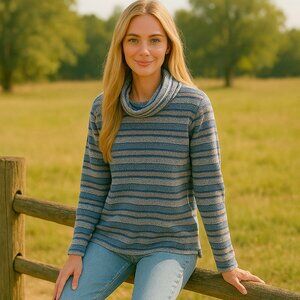 Ruby Rd Blue and Black Striped Cowl Neck Sweater Size Large